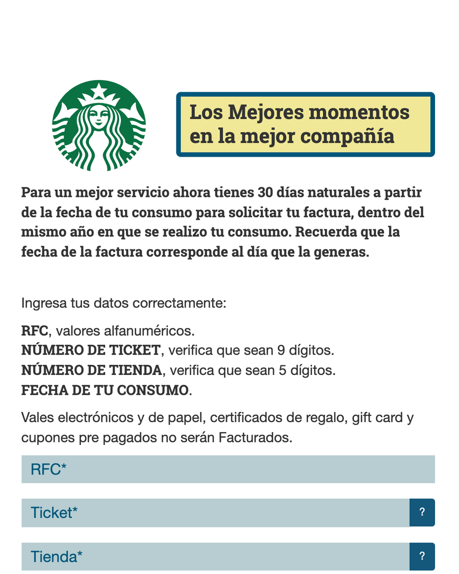 Portal de autofacturación de un proveedor: pide RFC, número de ticket, número de tienda y fecha de consumo, con un plazo para solicitar la factura.
