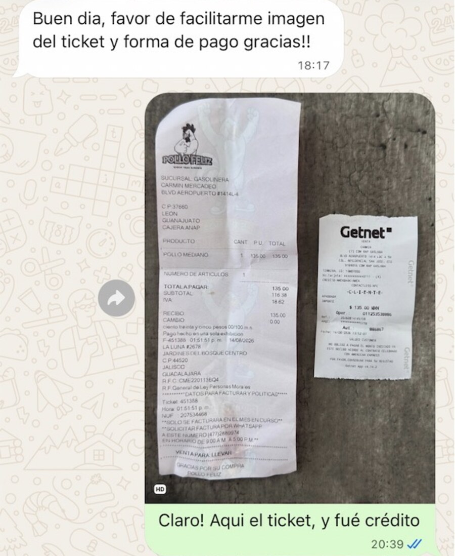 Conversación de WhatsApp con un proveedor: nos pide la imagen del ticket y la forma de pago, se la mandamos y nos devuelve la factura en PDF.